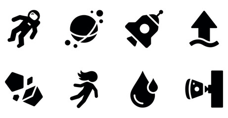 Set of black space icons featuring astronaut planet rocket ship and science symbols for web design Minimal solid fill icon set bundle collection. Editable Vector Illustration Mega pack © Sumon Sorkar
