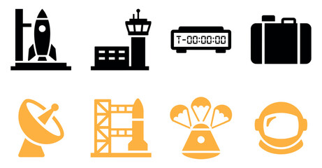 Set of space travel icons featuring a rocket ship launch pad control tower countdown clock and astronaut Minimal solid fill icon set bundle collection. Editable Vector Illustration Mega pack © Sumon Sorkar