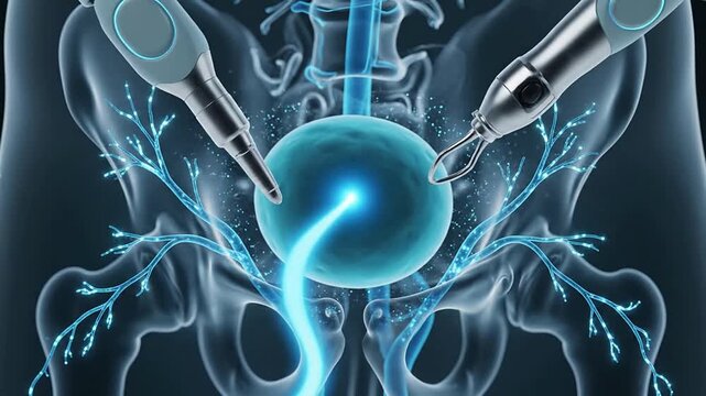 Advanced Medical Technology Illustrating Surgical Tools Interacting With Glowing Cell In An Abstract Anatomical Background For Biotechnology And Healthcare Concepts