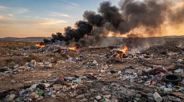 Landfill Fire Blaze: Black smoke billows into the sunset sky from a raging fire at a sprawling landfill, illuminating piles of burning trash and debris in a desolate.