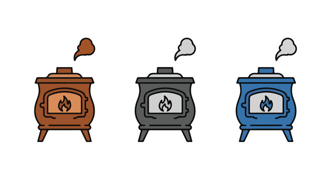 Three Vintage Stove Illustrations in Brown Gray and Blue Colors.