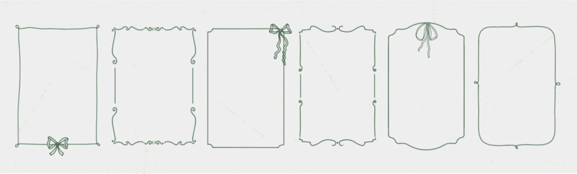 Set simple hand drawn kid line photo frame with ribbon. Cute vector border decoration illustration. Wedding romantic ornament invitation. 