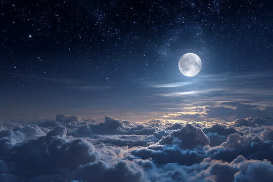 Luminous Full Moon and Starry Cosmos Above a Serene Sea of Clouds