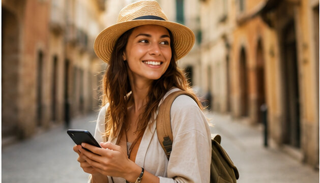 Joven viajera sonriente con sombrero y mochila utilizando un tel&eacute;fono m&oacute;vil mientras recorre una calle antigua,