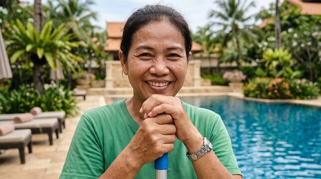 Young person cleaning swimming pool with telescopic net in residential home with maintenance service, outdoor care and leisure environment concept.