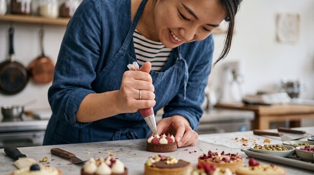 Pastry chef preparing artisanal sweets on marble countertop in traditional bakery highlighting culinary creativity and refined gourmet production