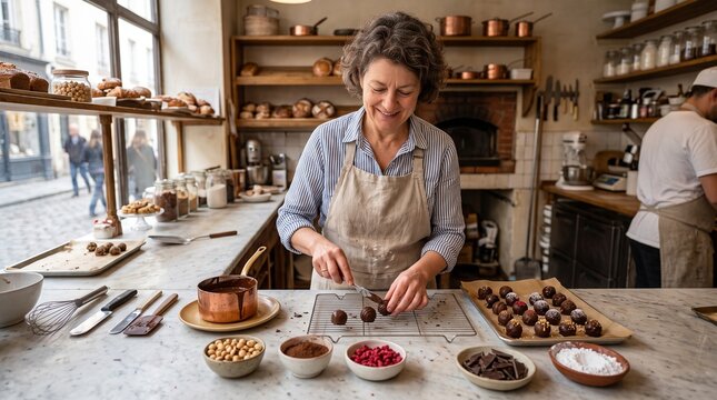 Pastry chef preparing artisanal sweets on marble countertop in traditional bakery highlighting culinary creativity and refined gourmet production