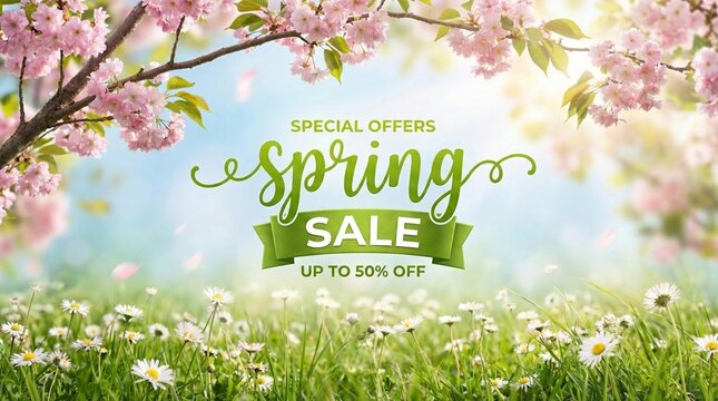 Spring sale promotional banner with flowers and cherry blossoms
