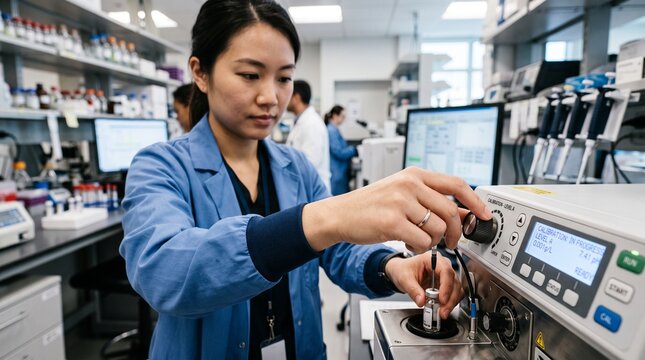 Biomedical equipment technician calibrating medical device in modern clinic focused on diagnostic precision, patient safety and healthcare technology