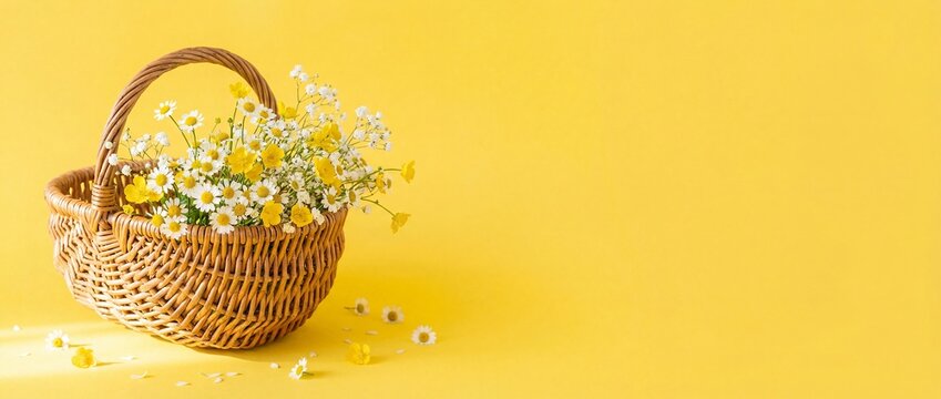 Wicker basket full of fresh summer daisies on a bright yellow background