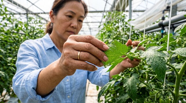 Horticulturist performing plant maintenance in a modern agricultural greenhouse, front view, rows of fresh vegetables in the background, sustainable farming and agribusiness productivity concept.