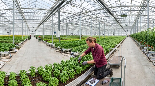 Horticulturist performing plant maintenance in a modern agricultural greenhouse, front view, rows of fresh vegetables in the background, sustainable farming and agribusiness productivity concept.