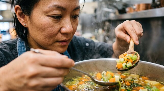 Woman cook preparing vegetable soup in residential kitchen with fresh ingredients, homemade meal, healthy nutrition and culinary lifestyle concept.