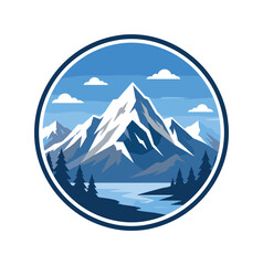 Fototapeta premium Mountain landscape badge with snow peak and small sky details, mountain, landscape, badge, peak, snow, nature, travel, blue, adventure, hiking, outdoor, icon, scenic, alpine,