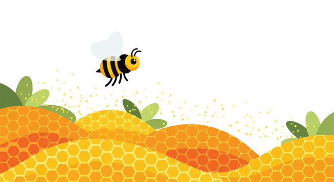 Playful cartoon bee buzzing over honeycomb hills in sunny landscape.