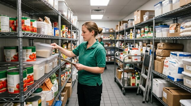 Young woman organizing food in residential pantry with home storage management, household organization and healthy lifestyle concept.