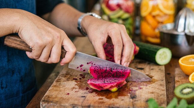 Woman preparing natural juices with fresh fruits on a wooden countertop in a residential kitchen, healthy lifestyle, nutrition, and homemade beverage concept.