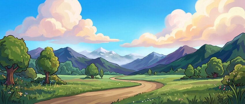 Countryside dirt road landscape leading through green fields to distant