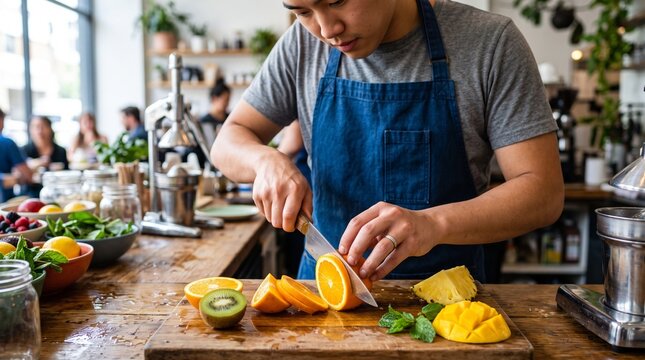 Woman preparing natural juices with fresh fruits on a wooden countertop in a residential kitchen, healthy lifestyle, nutrition, and homemade beverage concept.