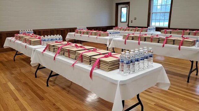 Neatly Arranged Rural Community Hall Tables Set Up for Event with Bottled Water and Boxes Tied with Pink Ribbons