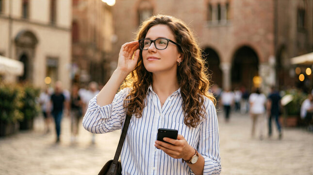 Young woman with glasses and curly hair holding a smartphone in an outdoor European plaza