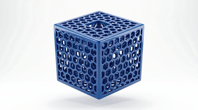 Advanced manufacturing concept featuring a complex glossy blue grid cube isolated on a seamless white background.