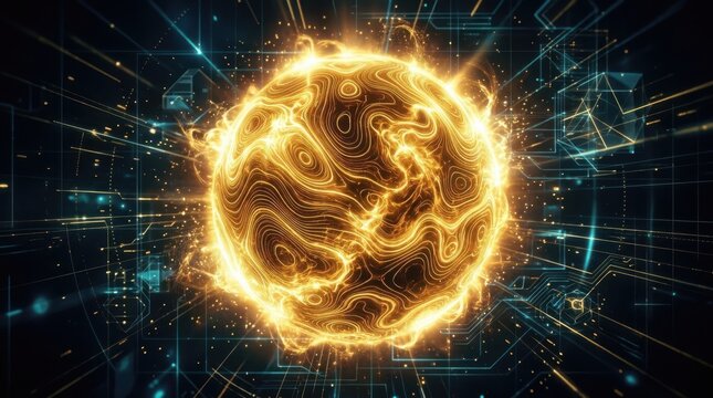 Golden swirling sun sphere texture with glowing topographic lines, abstract technology background design for backdrop wallpaper