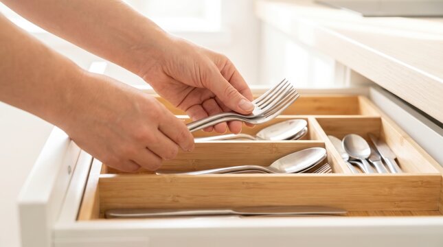 Hands arranging stainless steel forks neatly inside a bamboo kitchen drawer organizer
