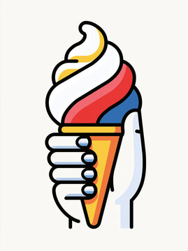 Clean pop-art style graphic illustration of a hand holding a colorful soft serve ice cream cone with distinct black outlines and primary colors.