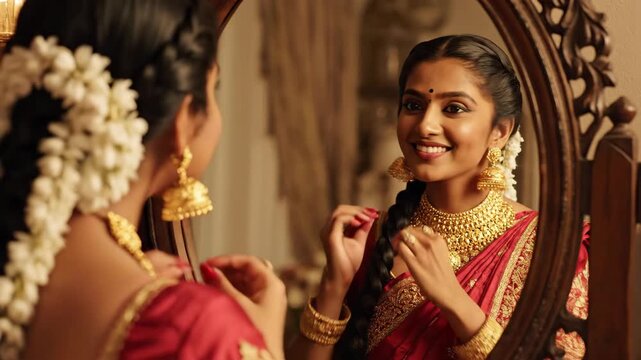 Indian bride in red sari putting on gold earrings