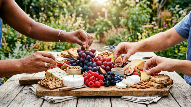 Hands reaching for fruits and cheese on a wooden board outdoors