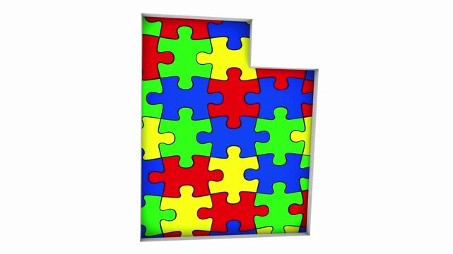 Utah UT State Map Autism Puzzle Pieces Awareness Autistic Symbol Spectrum 3d Animation