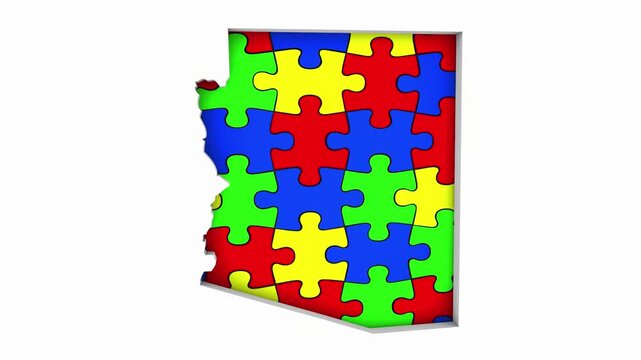 Arizona AZ State Map Autism Puzzle Pieces Awareness Autistic Symbol Spectrum 3d Animation