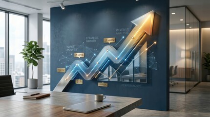 Obraz premium Rising arrow graph showing financial growth and business success, corporate market strategy and analytics concept, creative visual