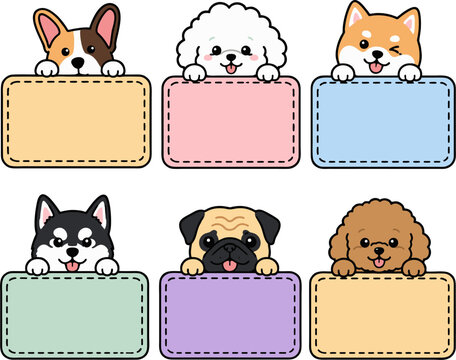 Cute dog holding blank sign note frame cartoon character vector illustration. Kawaii happy puppy peek over message board collection with empty banner space for text featuring corgi, bichon frise, shib