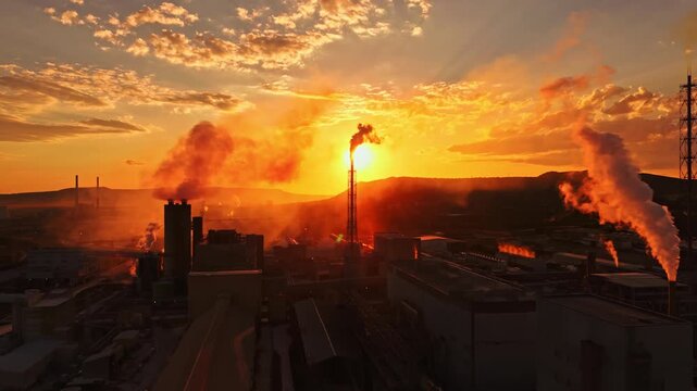 Factories release smoke into the air as the sun sets behind hills in the background. The colors of the sky change while machines continue to operate in the distance.
