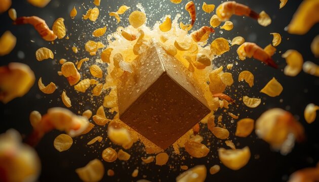 This is an image of a box of chips being thrown into the air