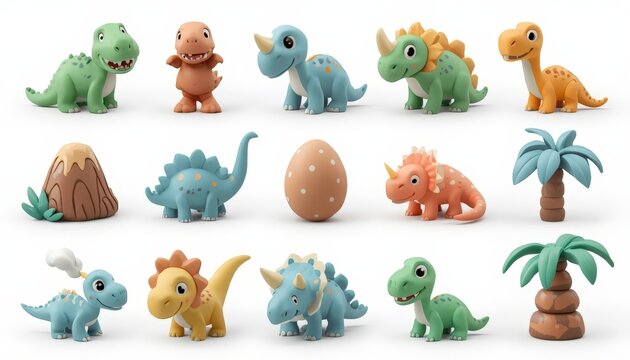 There are many different types of toy dinosaurs on a white background