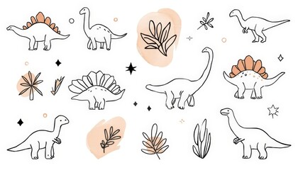Fototapeta premium An image of a collection of dinosaurs and plants drawn by hand