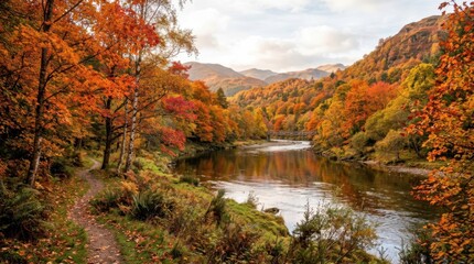 Naklejka premium Colorful autumn landscape illustration with vibrant orange trees and a peaceful river for nature travel concept, beautiful