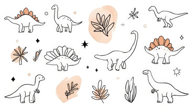 An image of a collection of dinosaurs and plants drawn by hand