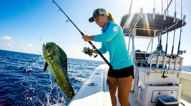 Smiling woman reeling in a large mahi mahi fish from a boat on the ocean