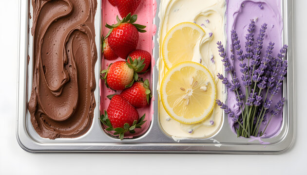 Overhead flat lay of assorted artisanal gelato in a stainless steel display tray featuring chocolate, strawberry, vanilla, lemon and lavender flavors, decorated with fresh fruit and herbs, colorful, 