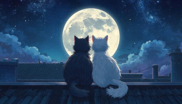 There are two cats that are sitting on a roof looking at the moon
