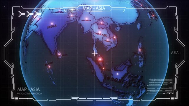 a stylized political map of South and Southeast Asia. including China, India, Nepal, Bhutan, Bangladesh, Myanmar, Laos, Thailand, Cambodia, Vietnam, Malaysia, Singapore, 