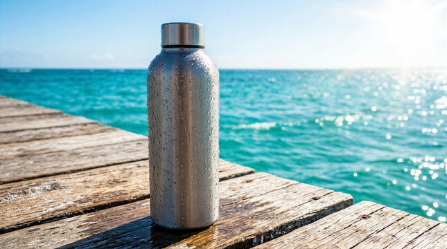 Condensation covered metal water bottle on wooden dock with sparkling ocean background