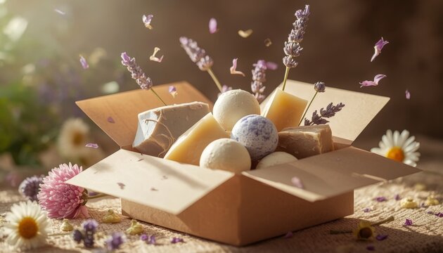 There is a box filled with soaps and flowers on a table