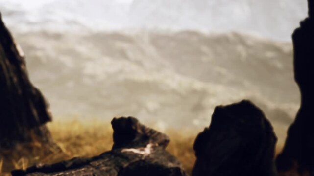A scene shows green grass growing under a large rock formation in a mountain area. The background features distant mountains and a hazy sky. Nature appears to thrive in this spot.