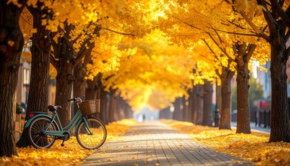 Obraz premium 黄金色に輝くイチョウ並木と停められた自転車のある秋の風景
