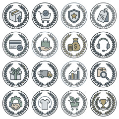 Fototapeta premium E-commerce badge icons framed by laurel wreath borders.